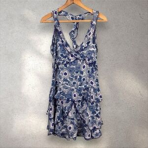 POUPETTE ST BARTH Yoana Ruffled Mini Dress In Navy Begonia Print Sz‎ L NWT